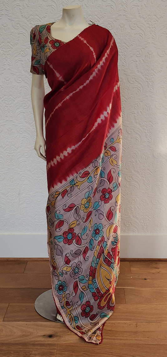 Tussar Saree With Kalamkari Pallu and Blouse