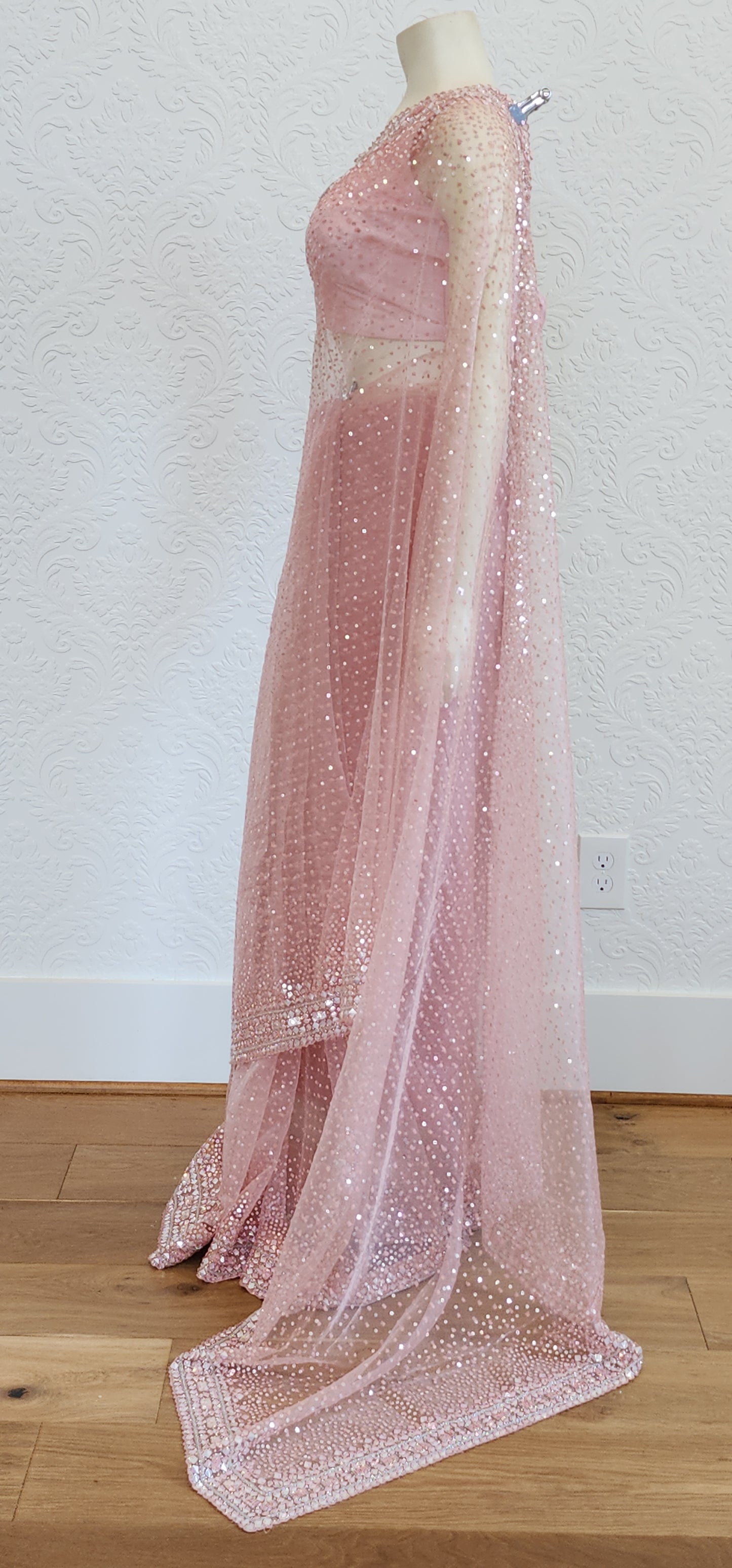 Sequence Organza Saree in Peach W/Custom Blouse.