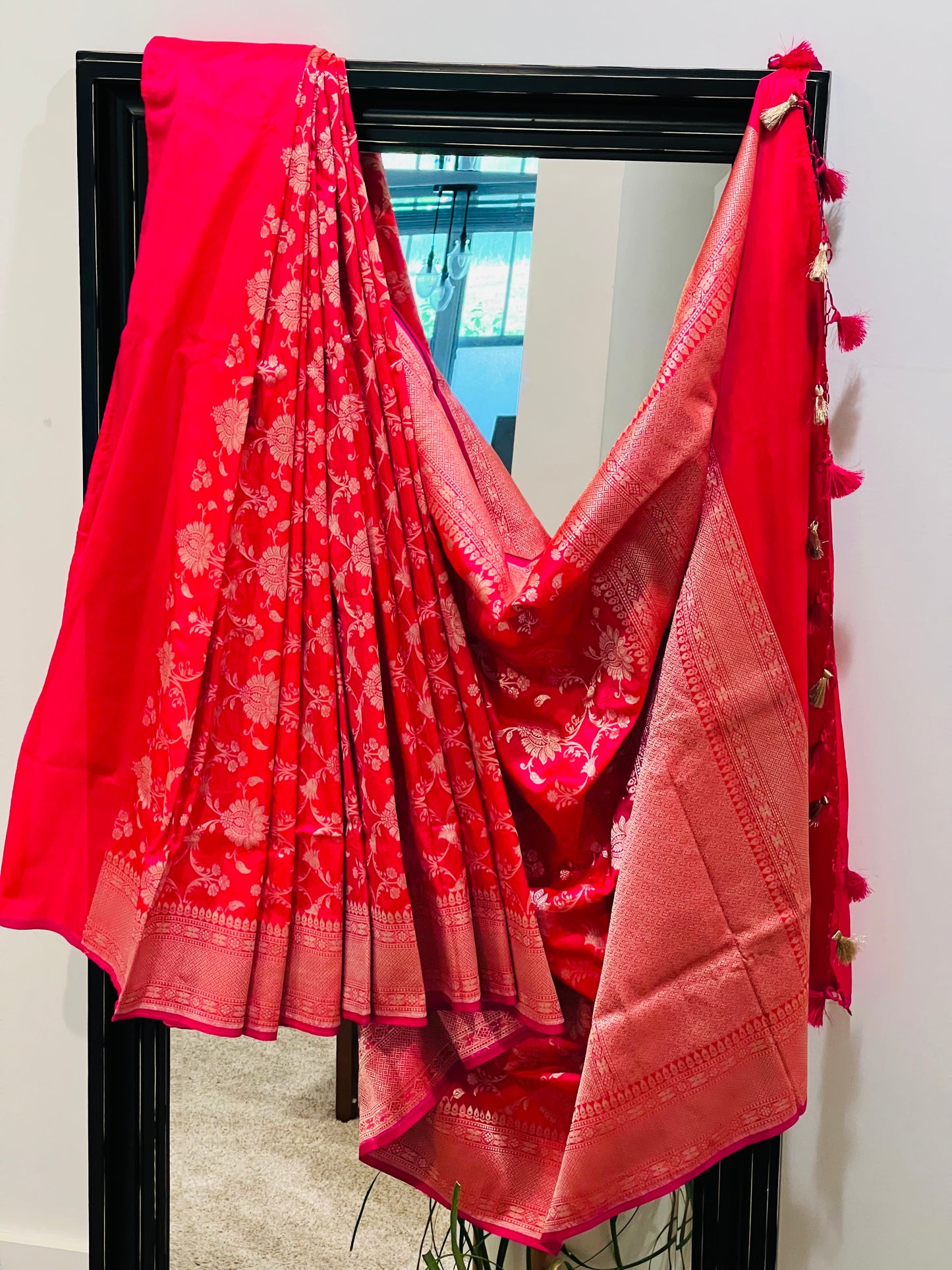 Katan Banaras Saree in Pink W/ Custom Blouse.