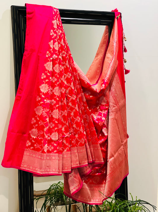 Katan Banaras Saree in Pink W/ Custom Blouse.