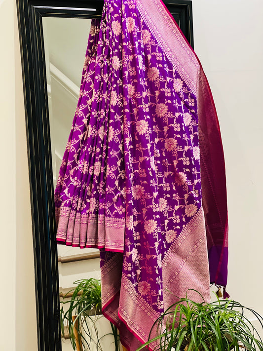 Katan Banaras Saree in Purple W/ CustomBlouse.