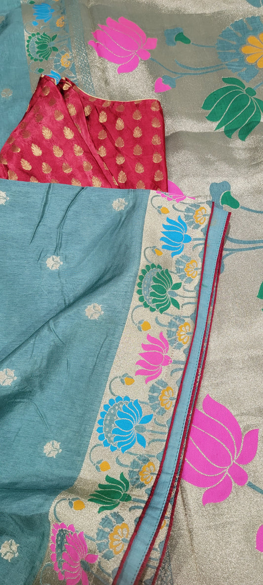 Munga Silk Saree in Bluish Green with Red Blouse