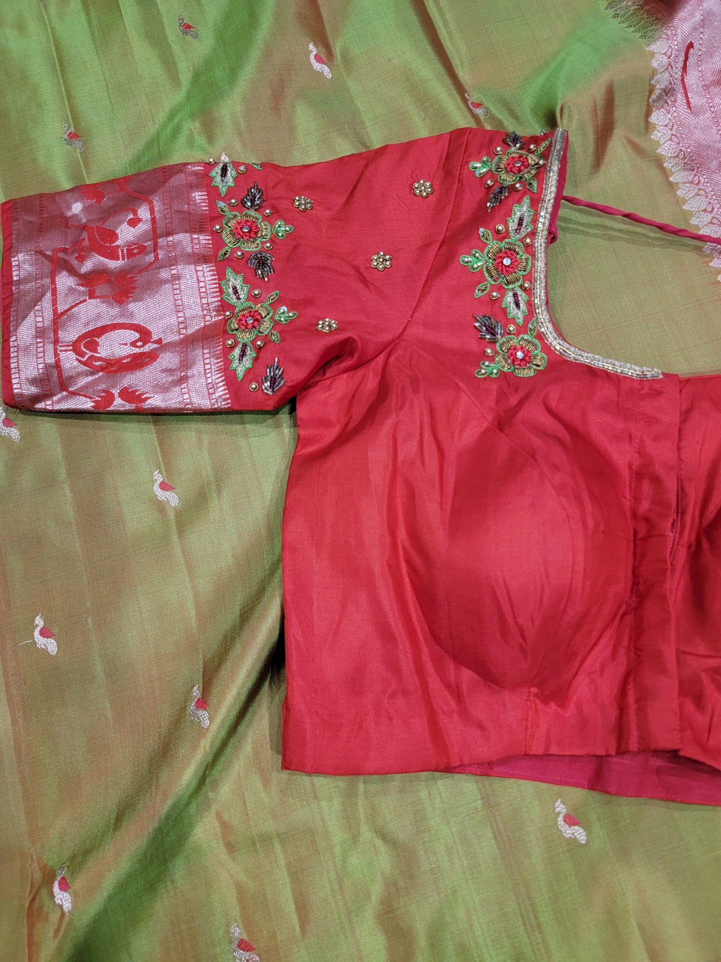 Pure Kanchi Pattu Silk Saree w/ Work Blouse in Green and Red