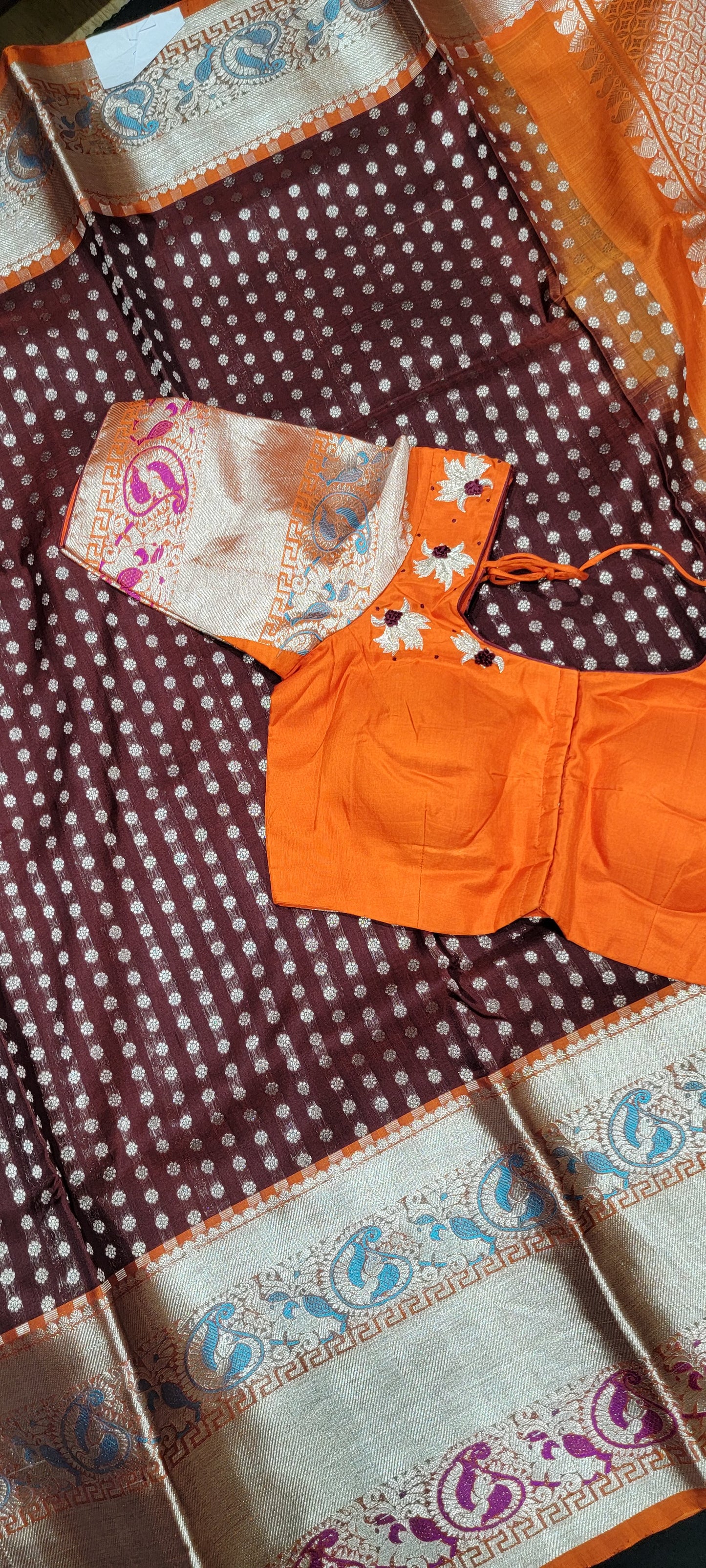 Venkatagiri Silk Saree w/ Blouse in Brown and Orange