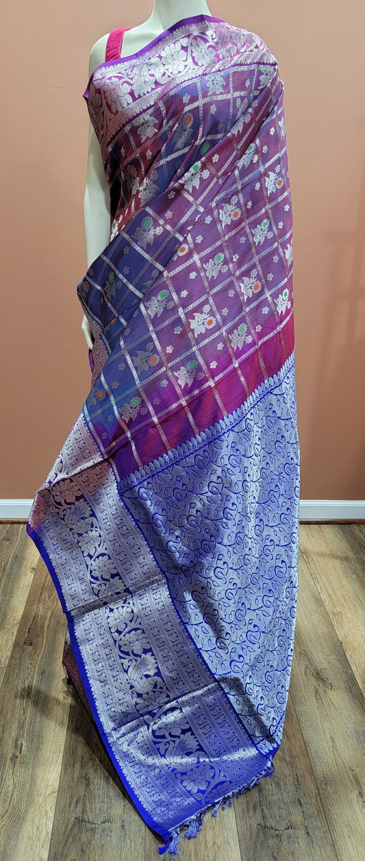 Venkatagiri Silk Saree w/ Blouse in Violet and Blue