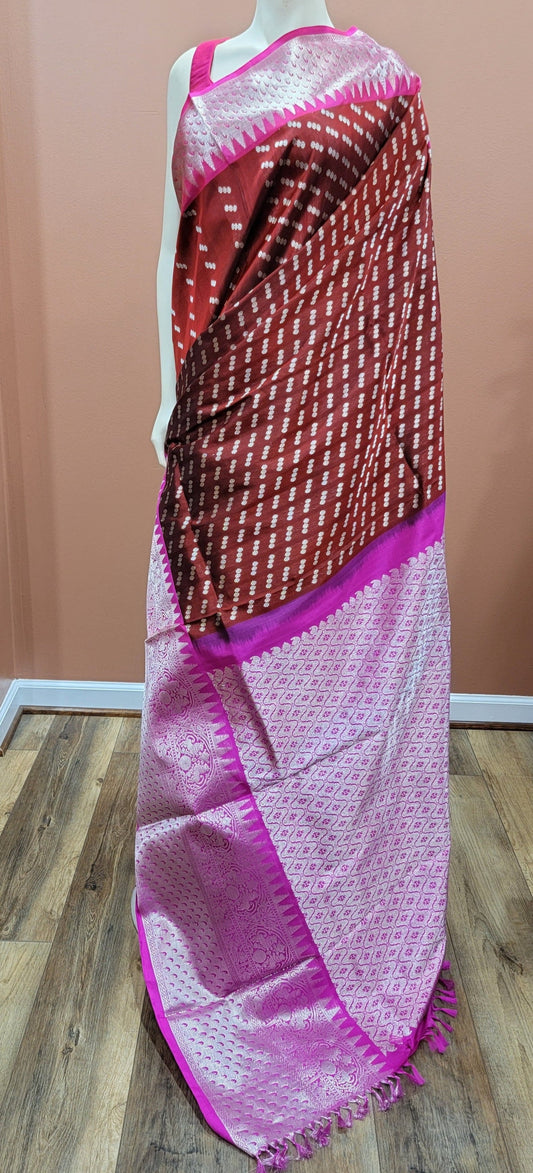 Venkatagiri Silk Saree w/ Blouse in Brown and Pink