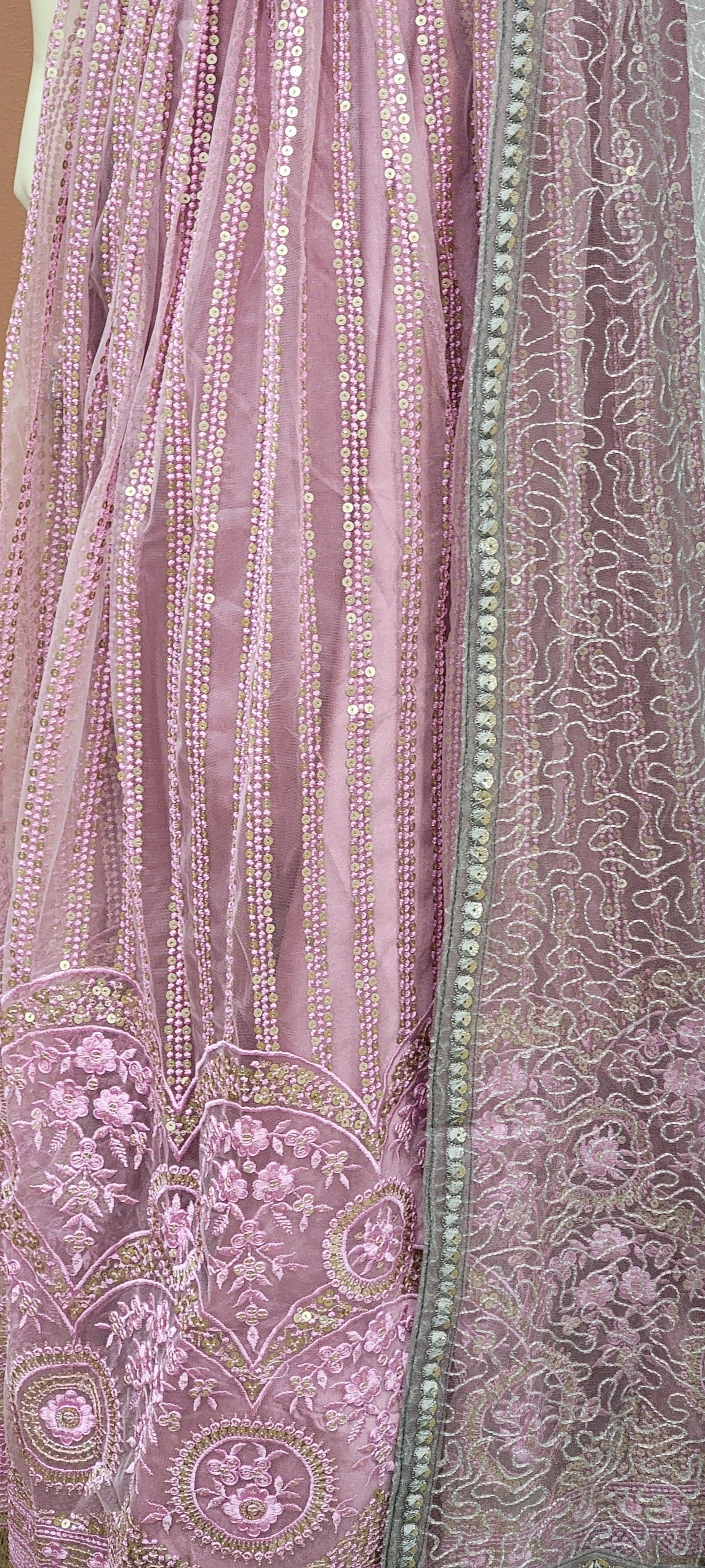 Embroidered Net Lehenga Set in Grey and Pink