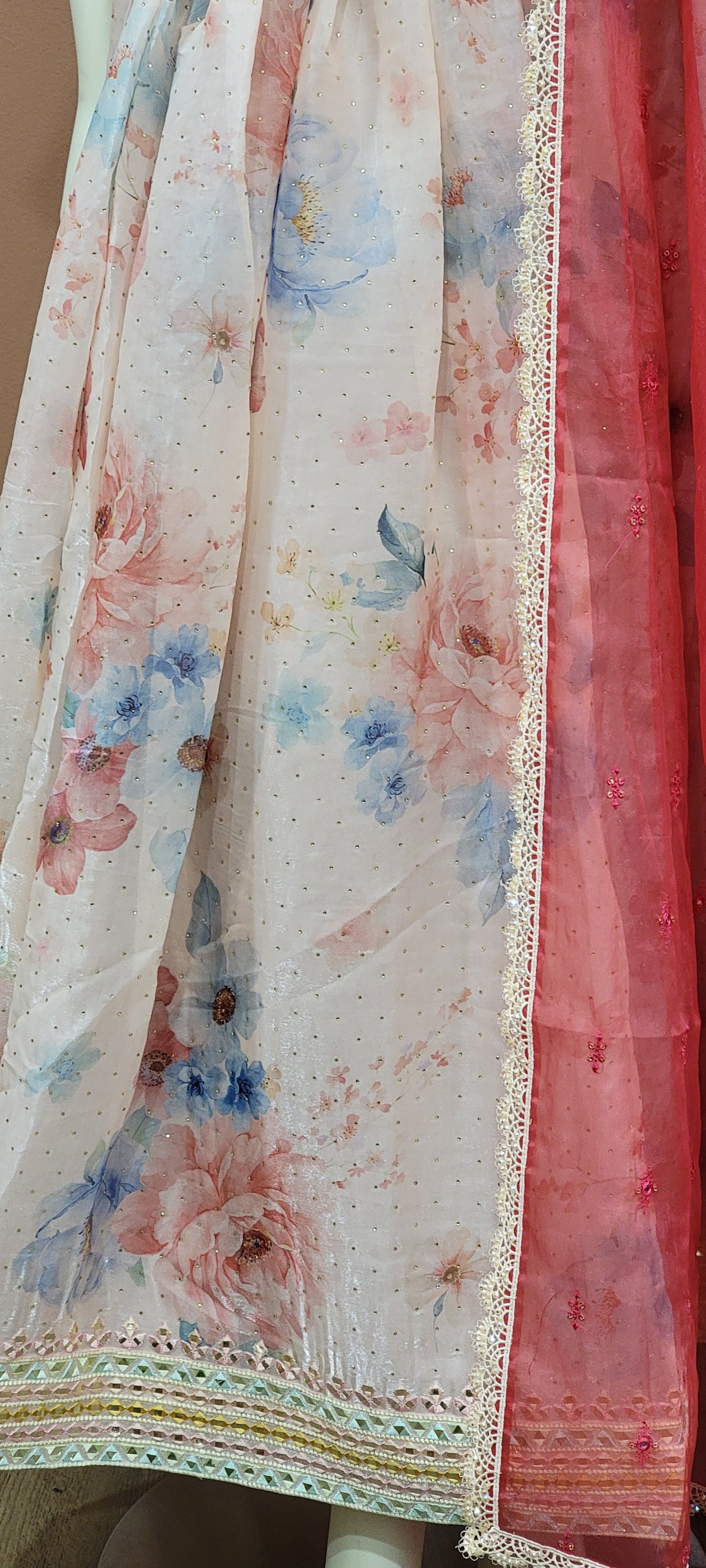 Organza Lehenga Set in Red and Pink