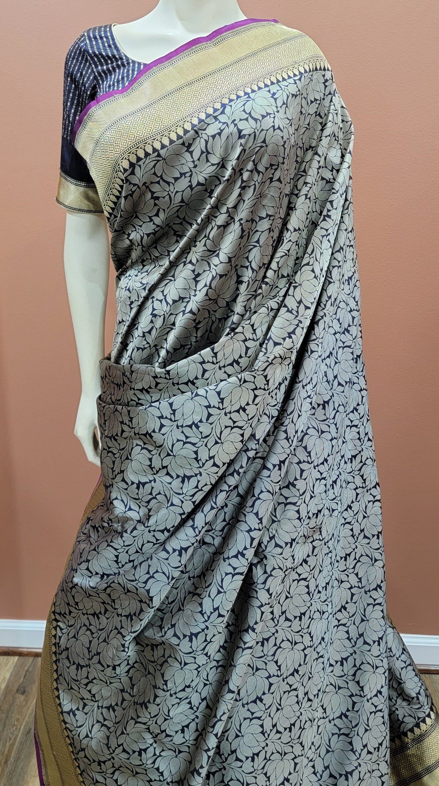 Katan Banaras Saree in Navy Blue