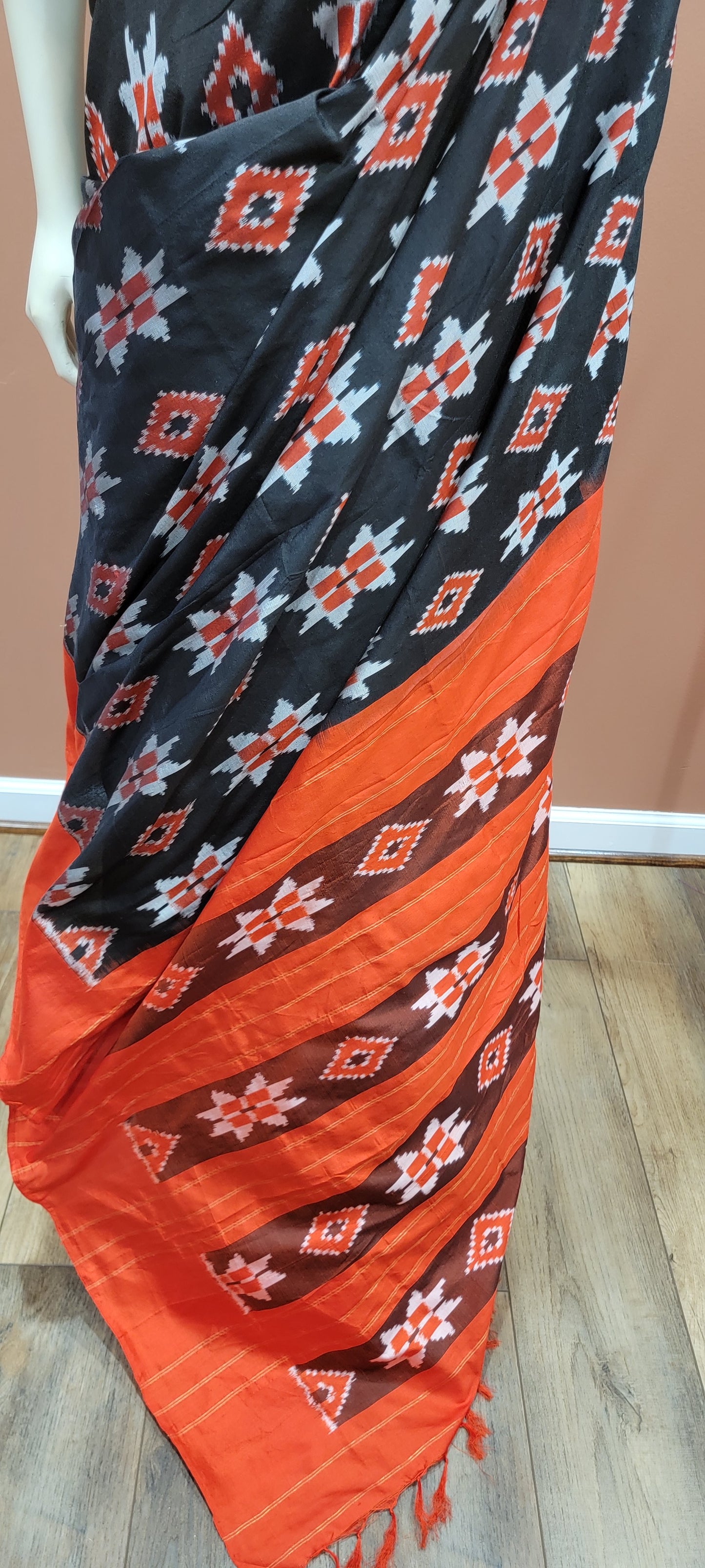 Double Ikkath Silk Saree w/ Blouse in Orange and Black