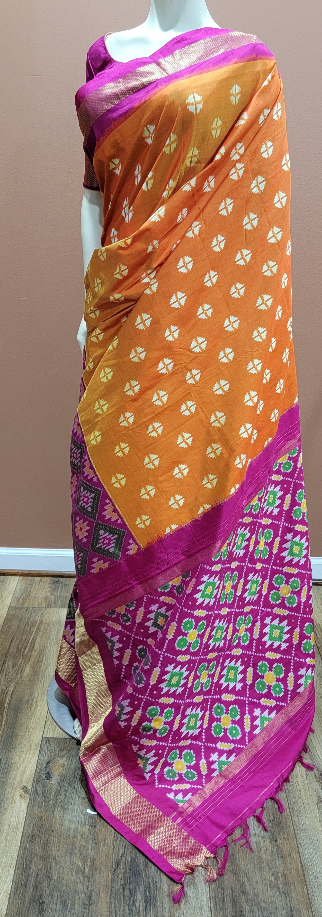 Double Ikkath Silk Saree w/ blouse in Orange and Pink