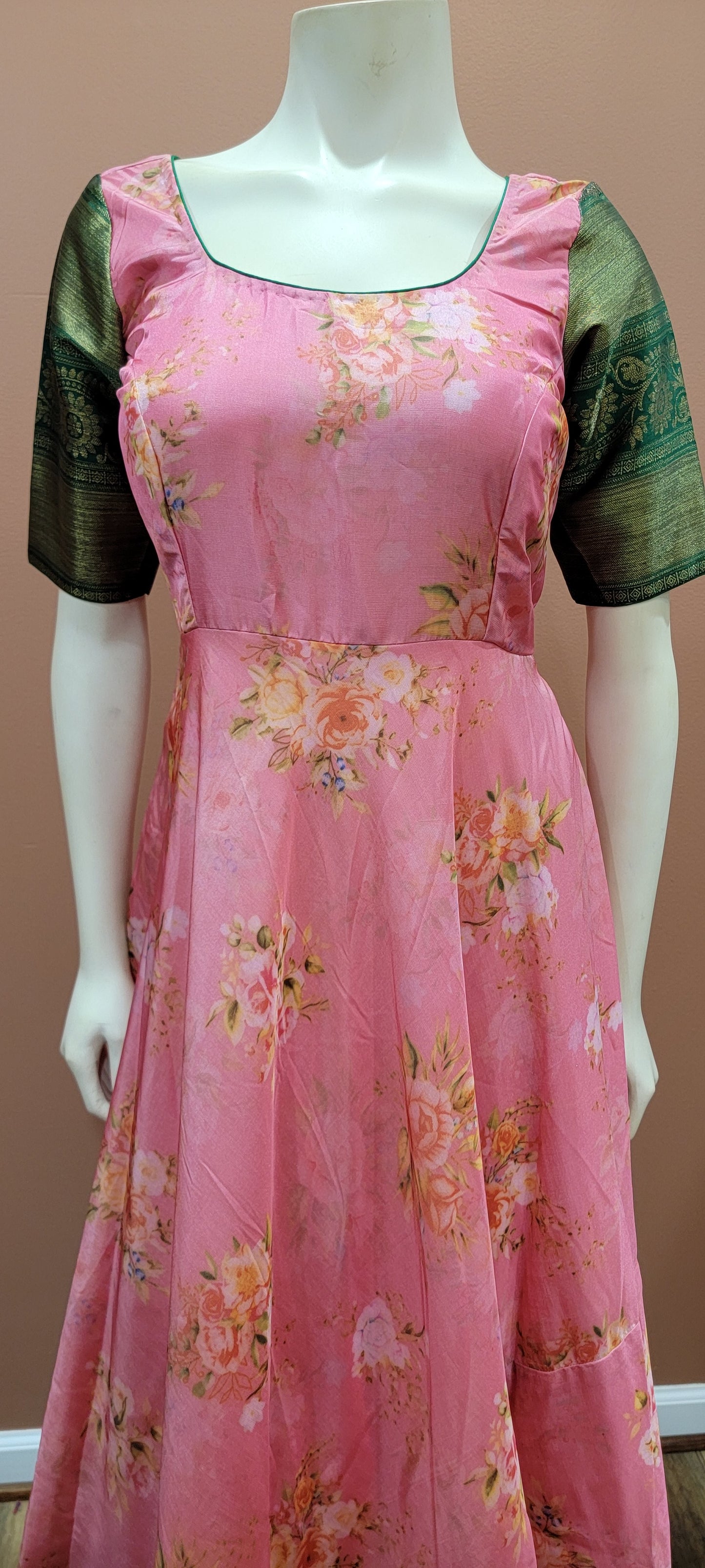 Digital Print Long Silk Dress w/ Kanchi Border