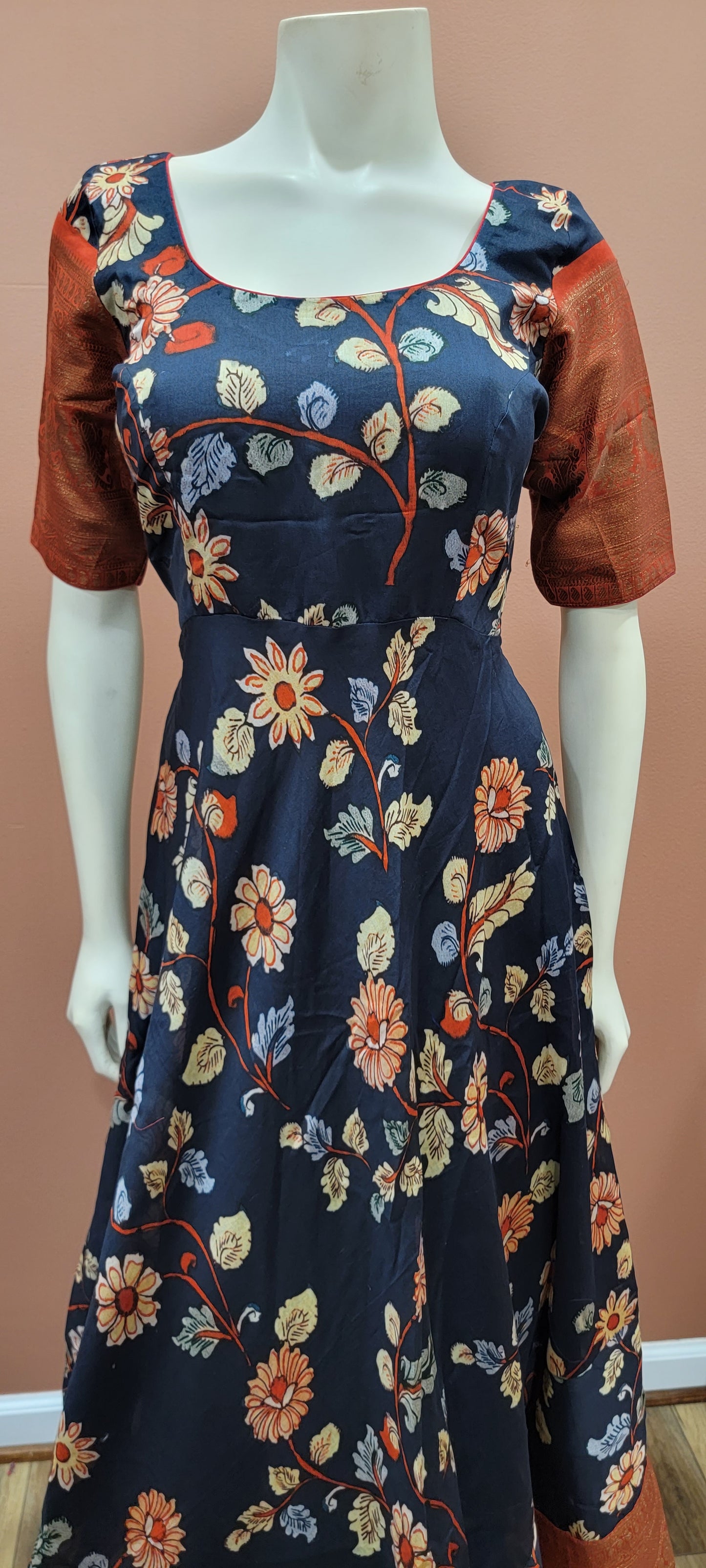 Kalamkari Print Silk Dress w/ Kanchi border