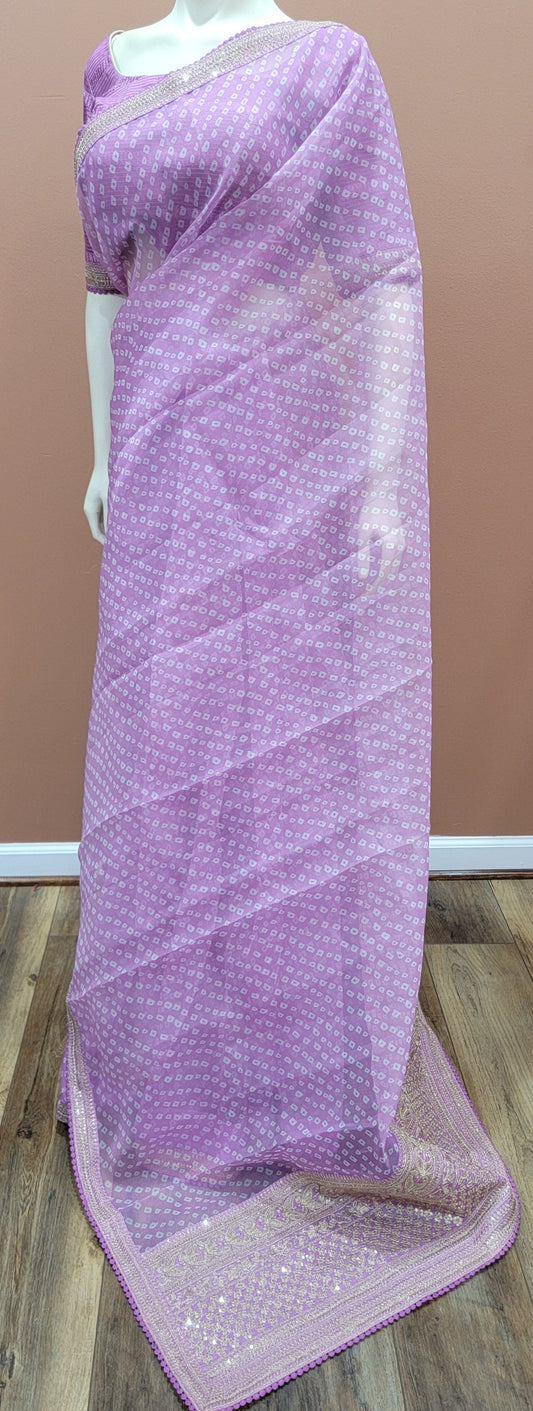 Bandhini Organza Saree w/ Sequence border and Blouse, in Purplish Pink