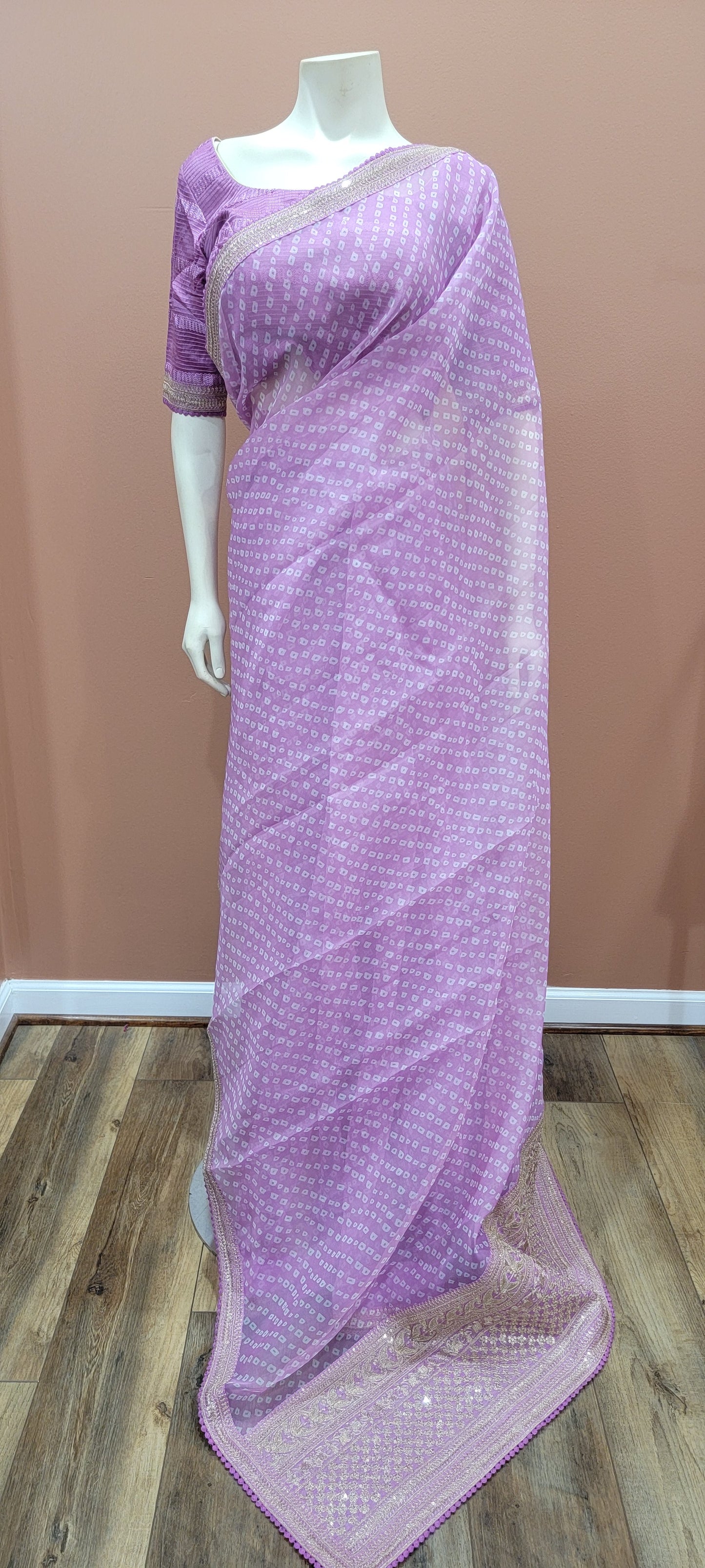Bandhini Organza Saree w/ Sequence border and Blouse, in Purplish Pink