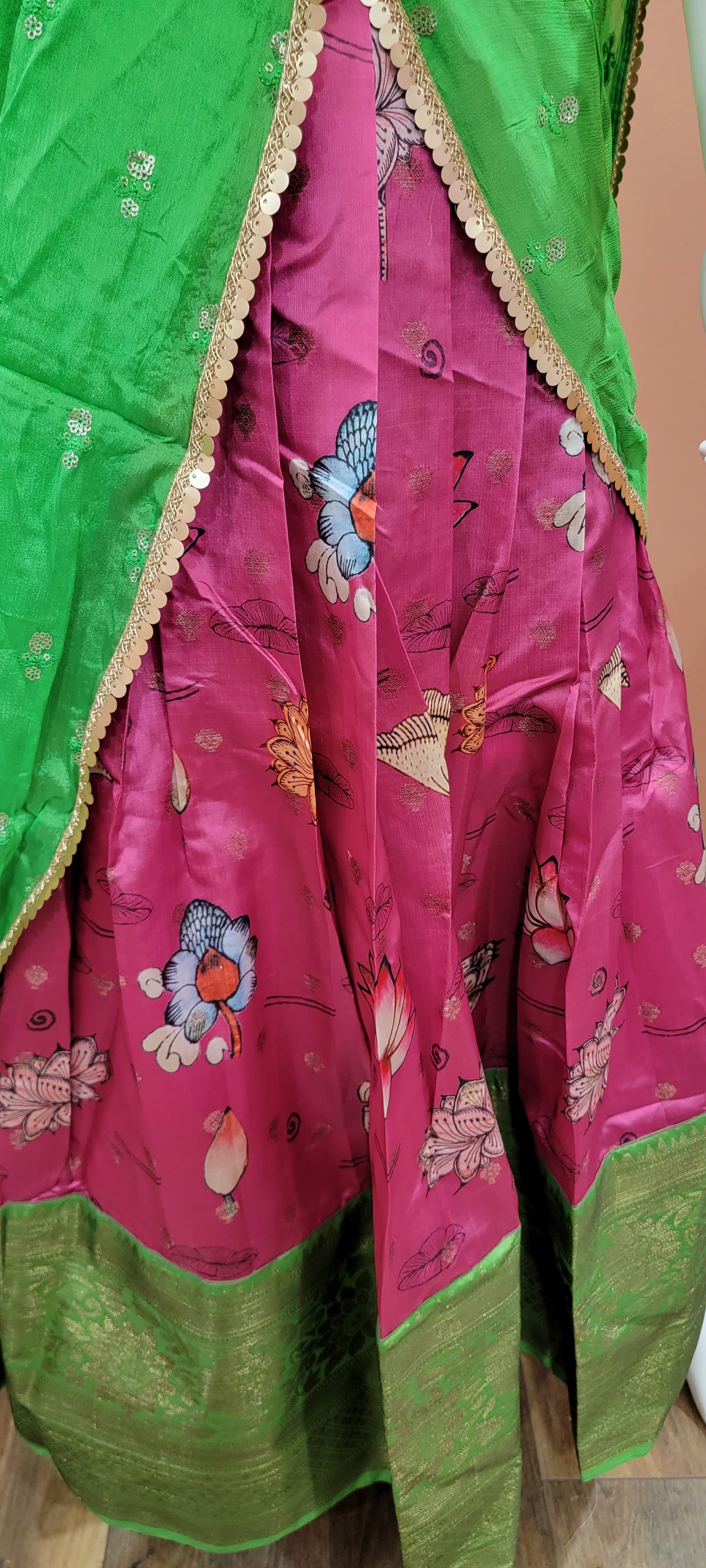 Digital Printed Banaras Half Saree set in Green and Pink