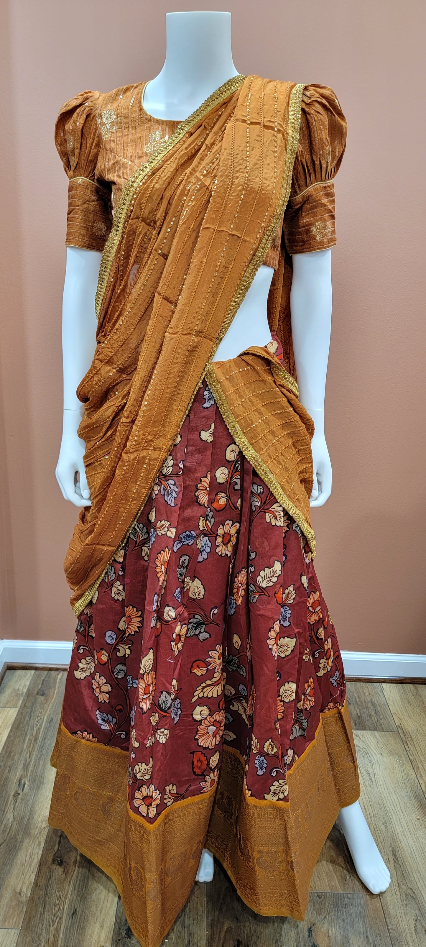 Kalamkari Printed Banaras Half Saree set in Brown