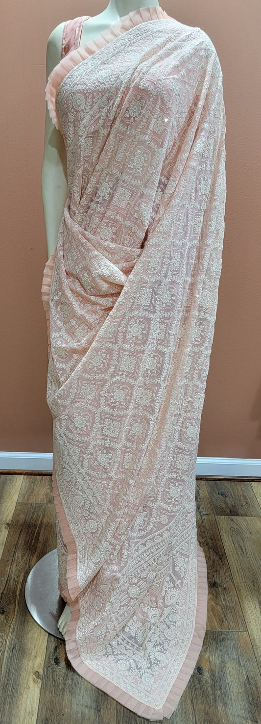 Chikankari Georgette Saree w/ raw silk Blouse in Peach