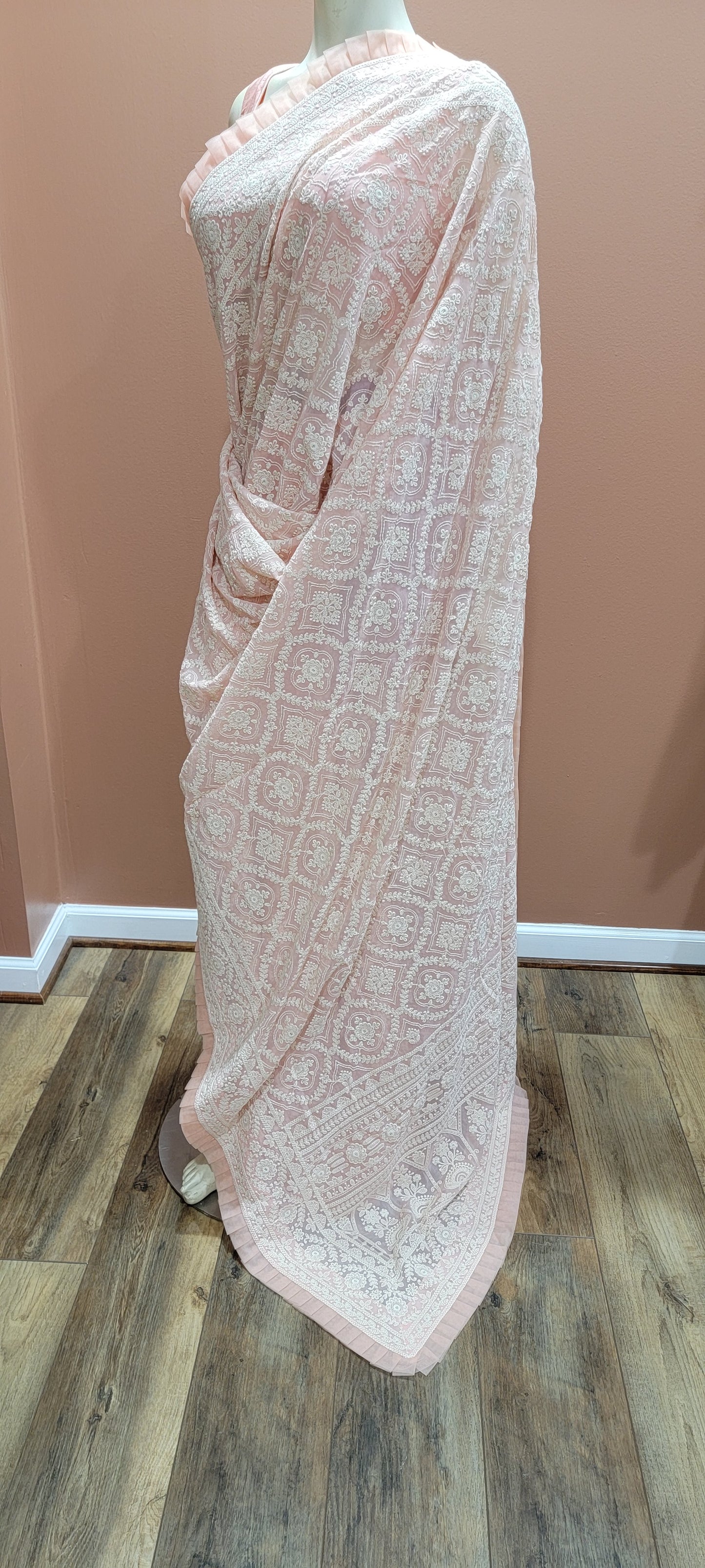 Chikankari Georgette Saree w/ raw silk Blouse in Peach