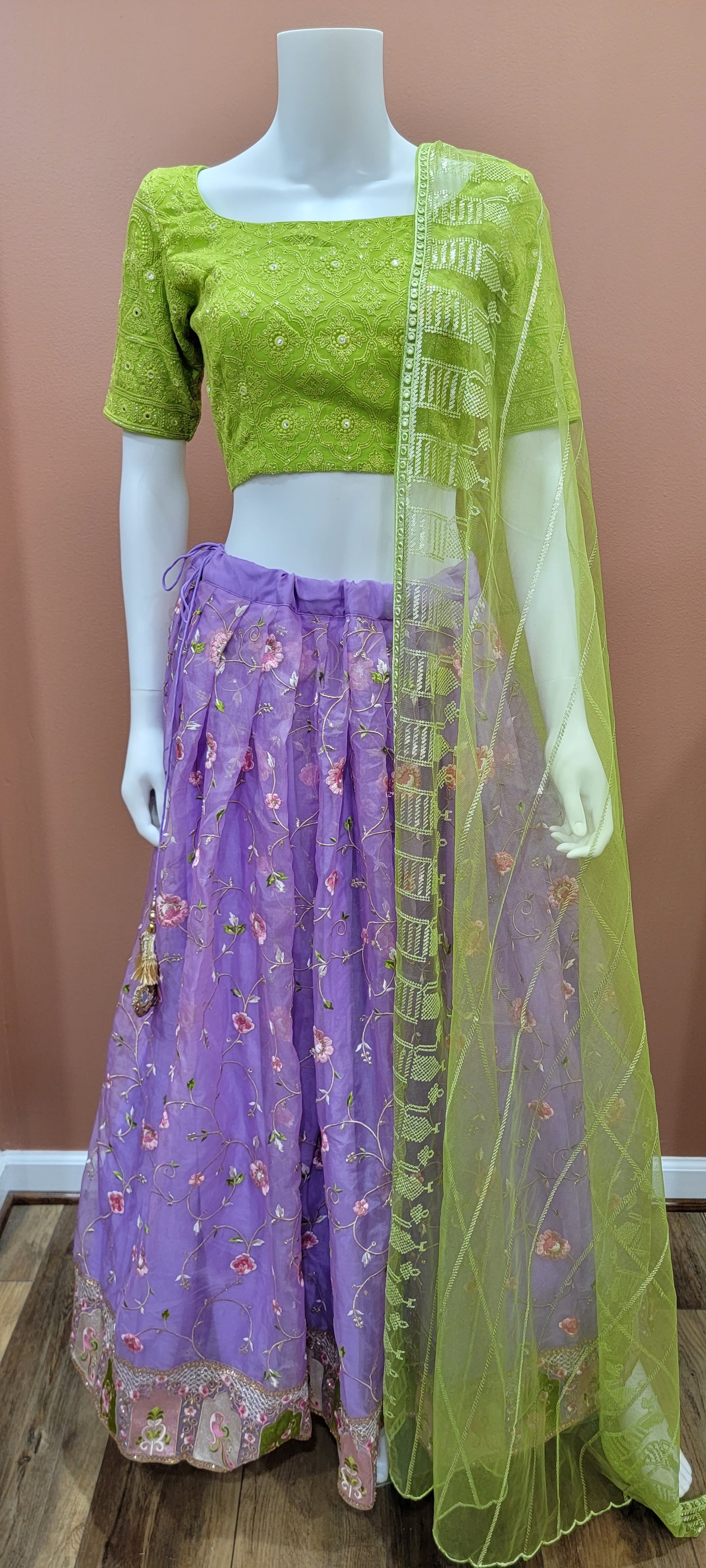 Organza Lehenga Set in Green and Violet