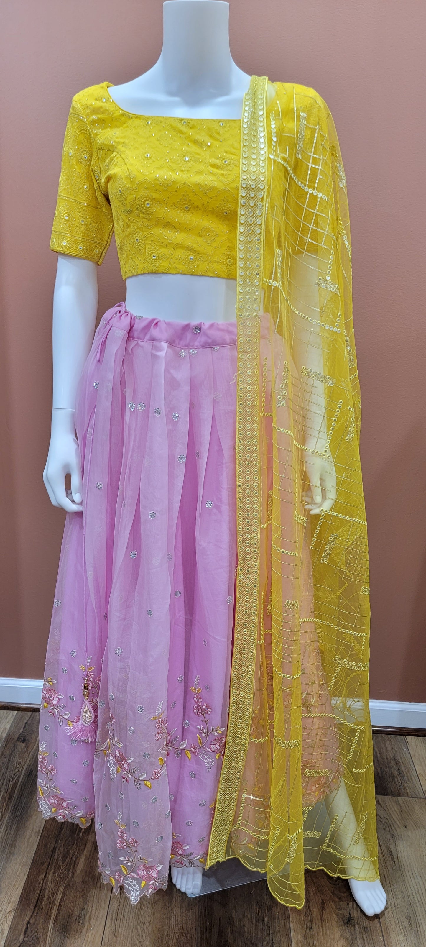 Organza Lehenga Set in Yellow and Pink