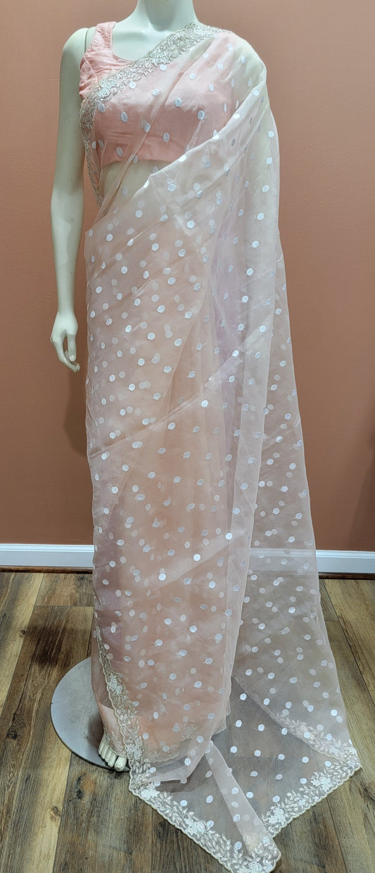 Organza saree w/ Rawsilk sleeveless blouse in Peach color