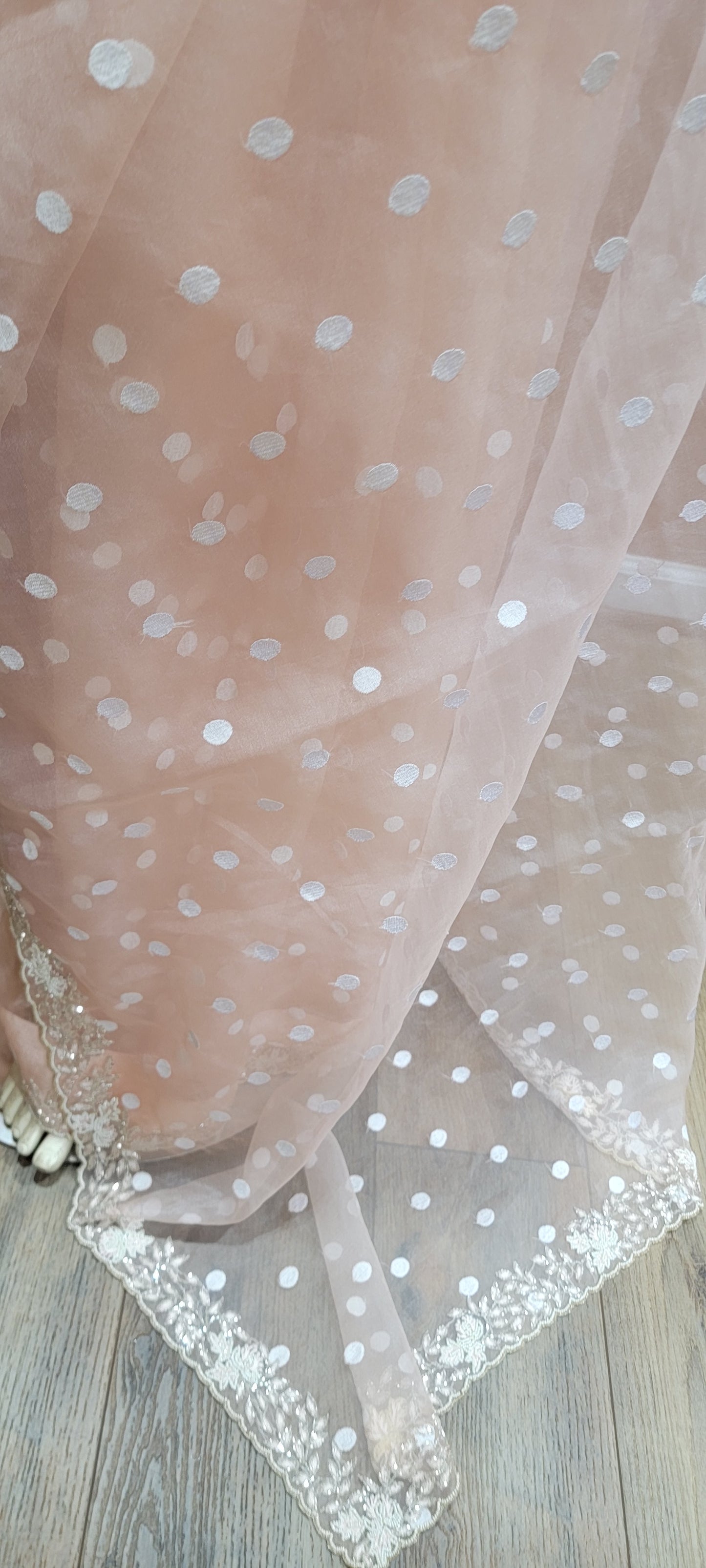 Organza saree w/ Rawsilk sleeveless blouse in Peach color