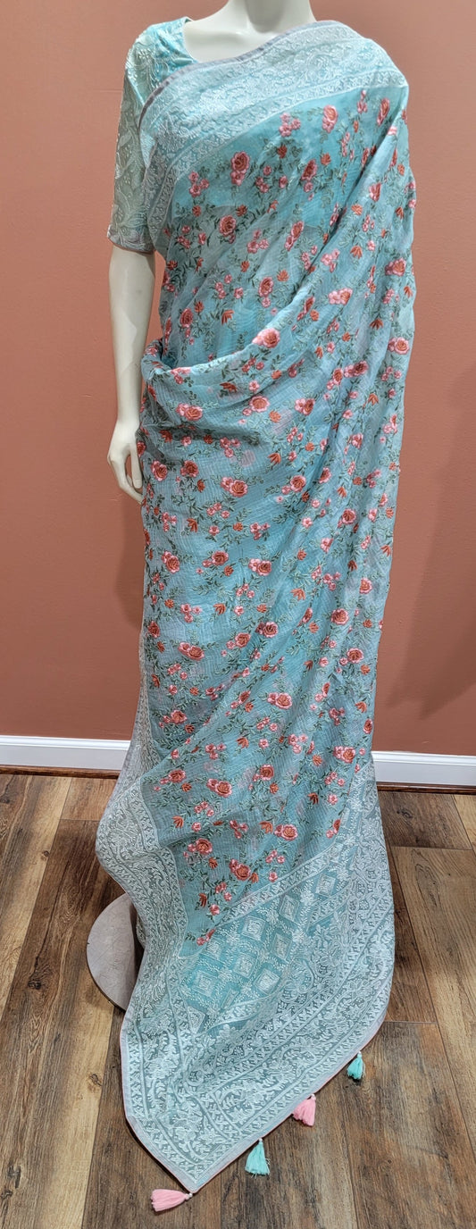 Kota Tussar Saree w/ Chikankari Blouse in light Blue