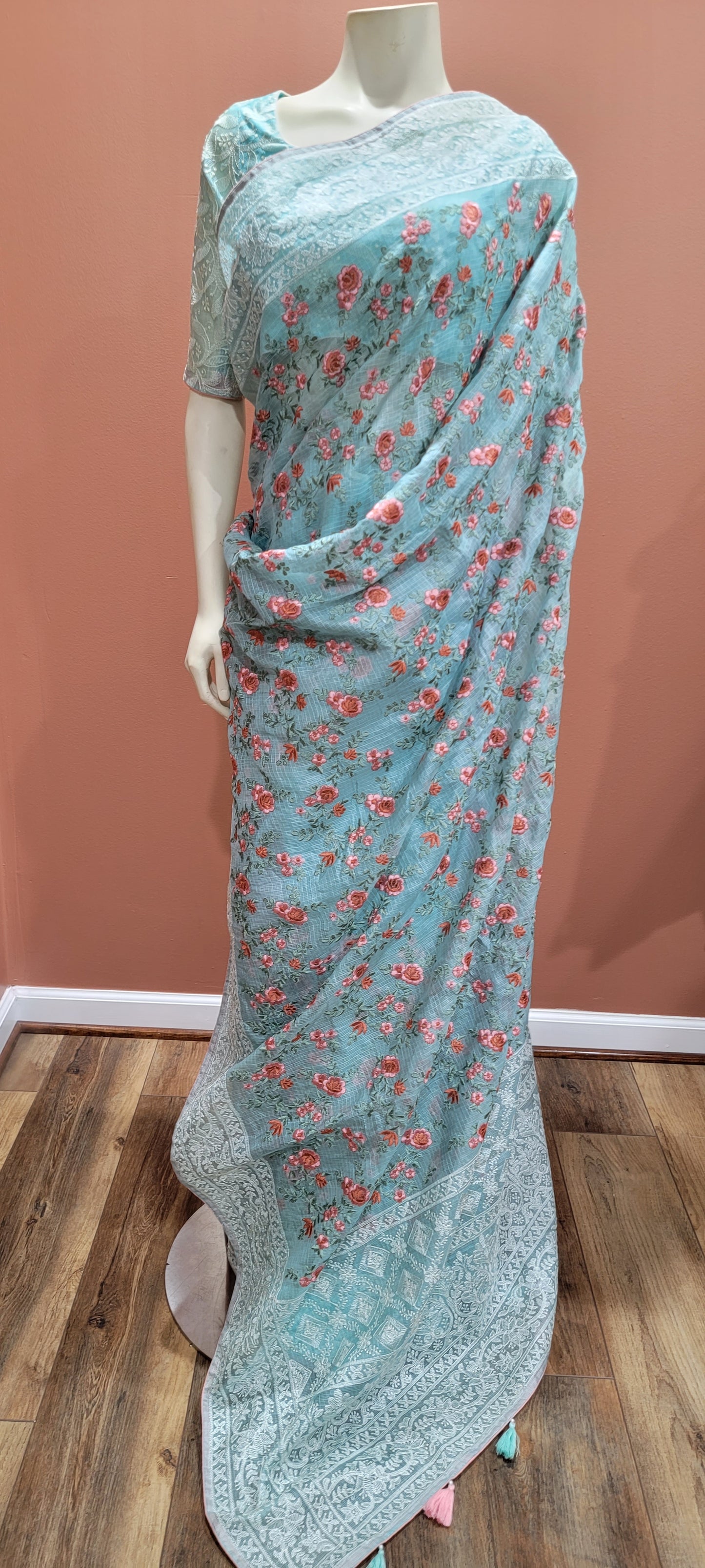 Kota Tussar Saree w/ Chikankari Blouse in light Blue