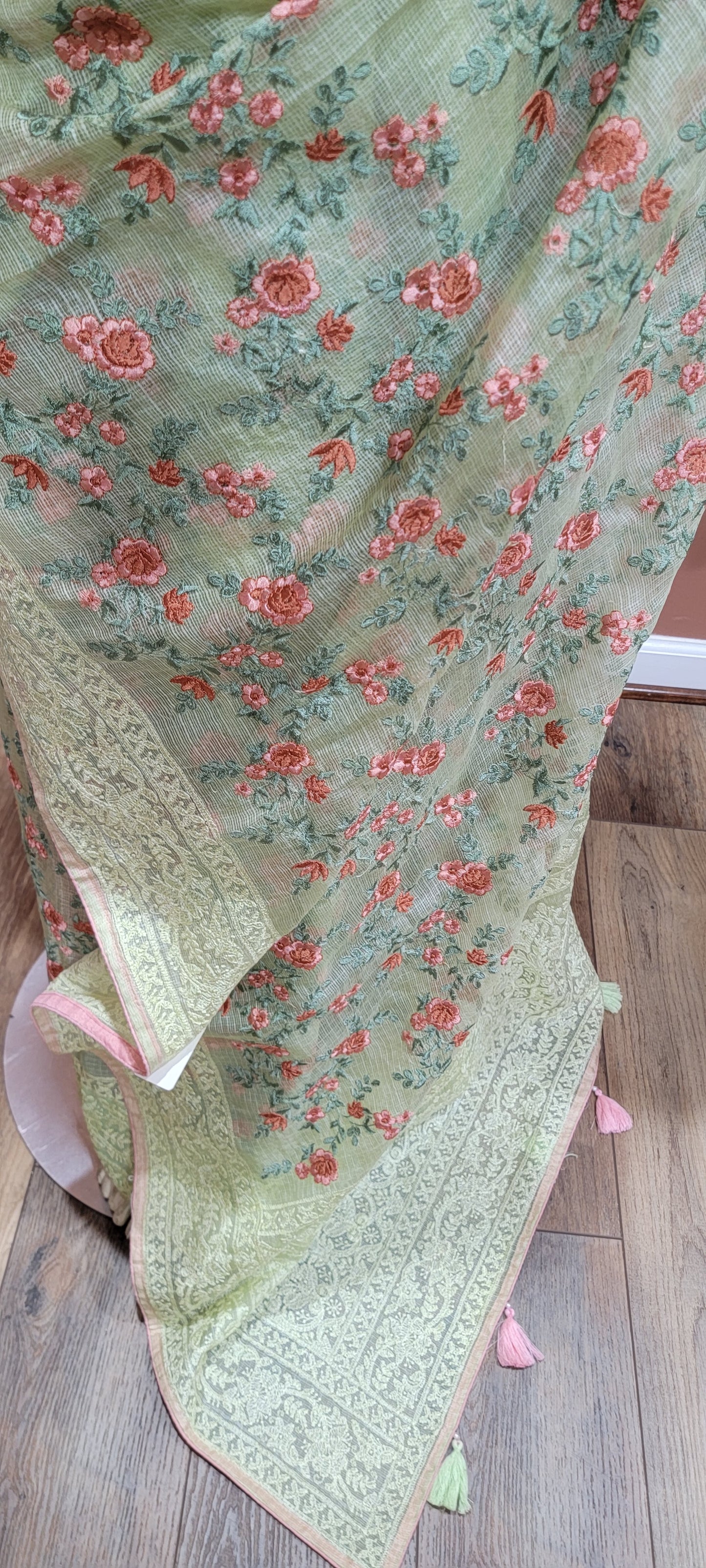 Kota Tussar Saree w/ Chikankari Blouse in mild Green