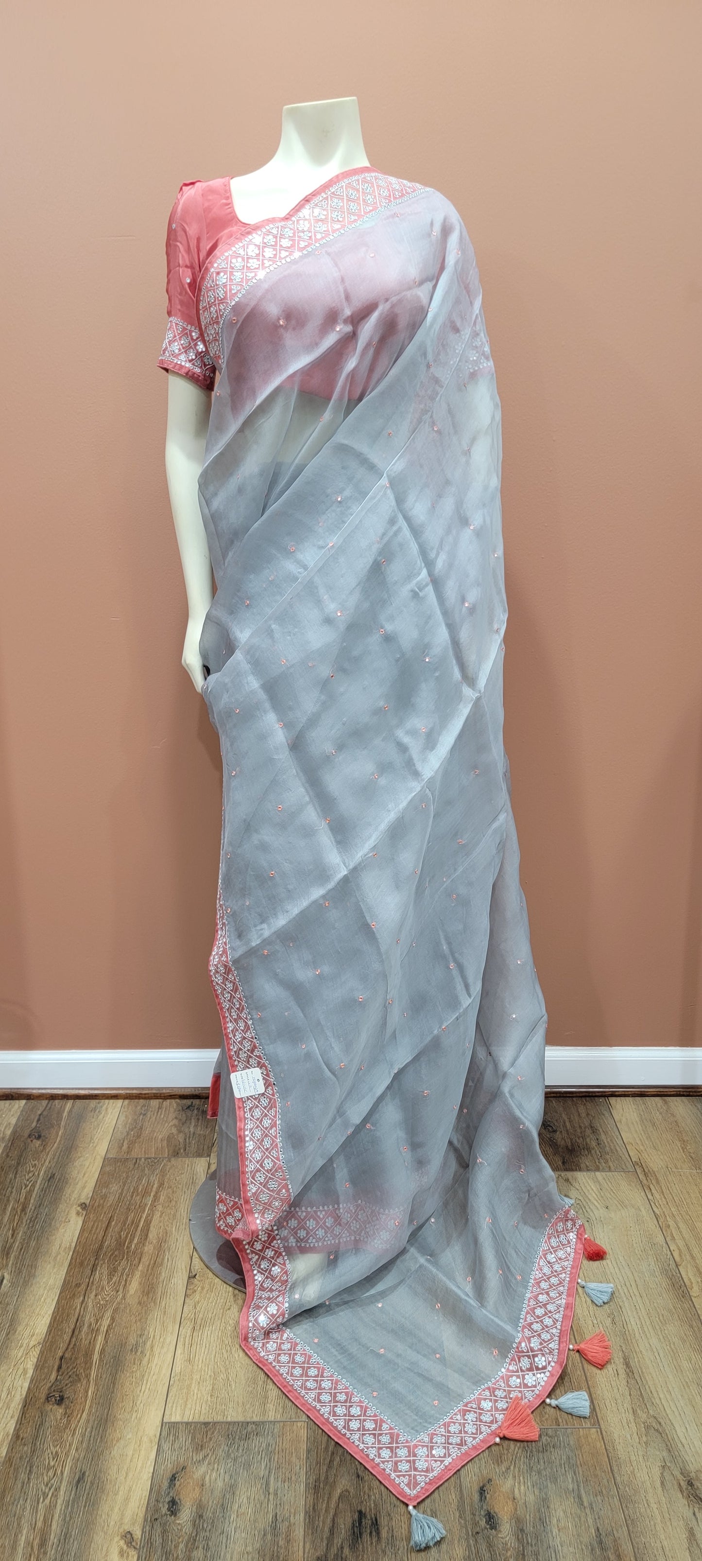 Organza Saree w/ Mirror work and Blouse