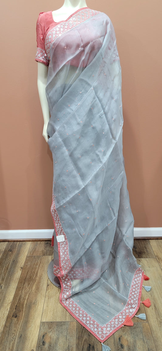 Organza Saree w/ Mirror work and Blouse