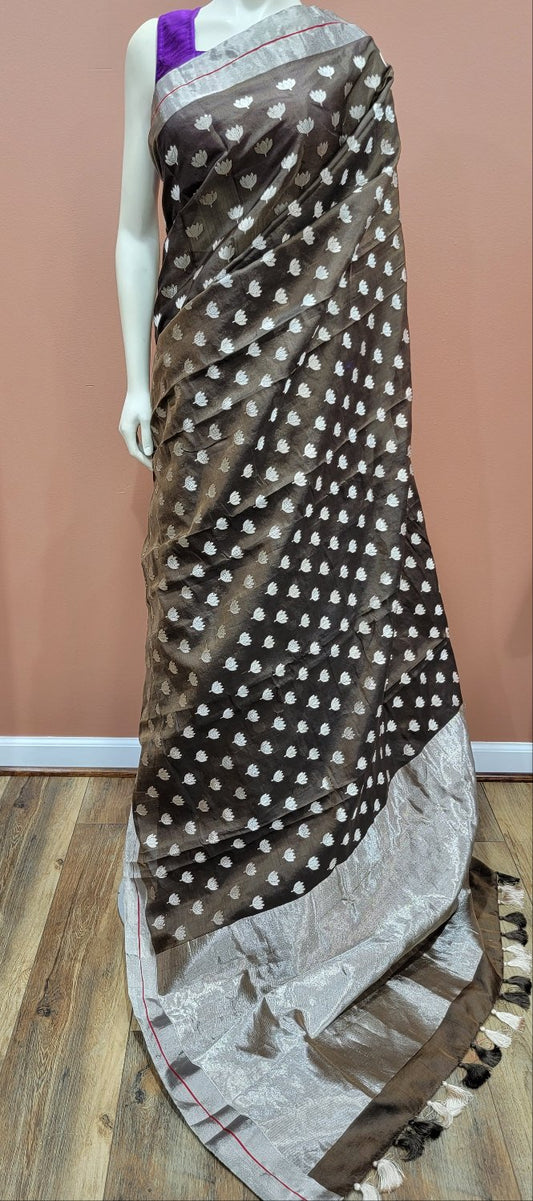 Chanderi Pattu Saree in Brown W/ Custom Blouse