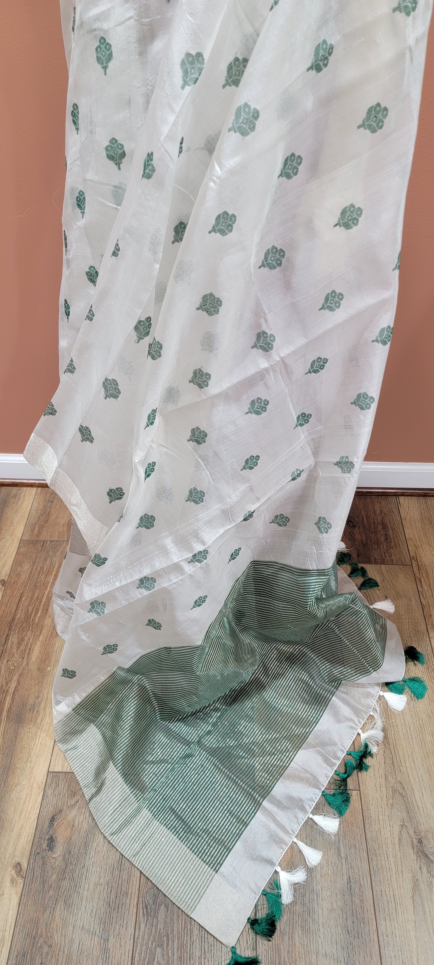 Chanderi Pattu Saree in White W/ Custom Blouse.