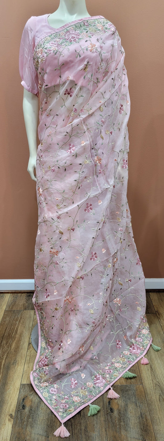 Embroidered Organza Saree w/ Blouse Collection Pink and Peach