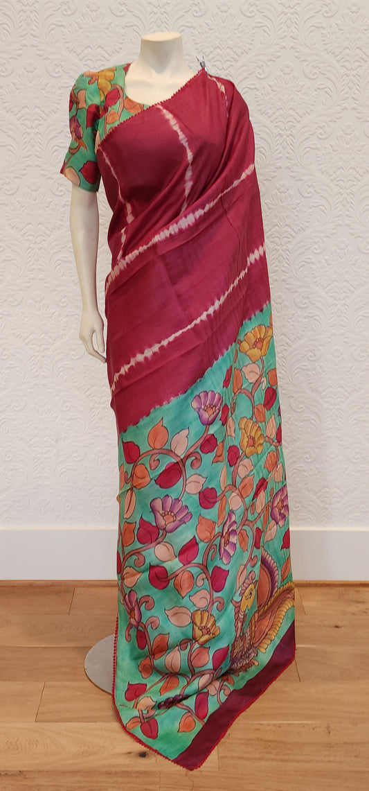 Tussar Saree With Kalamkari Pallu and Blouse.