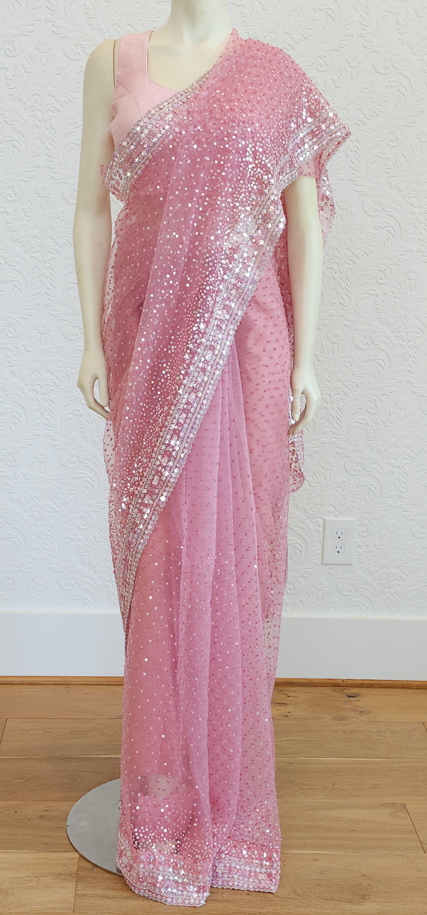Sequence Organza Saree in Pink W/ Custom Blouse.