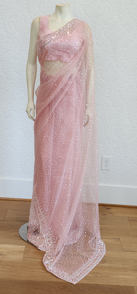 Sequence Organza Saree in Peach W/Custom Blouse.