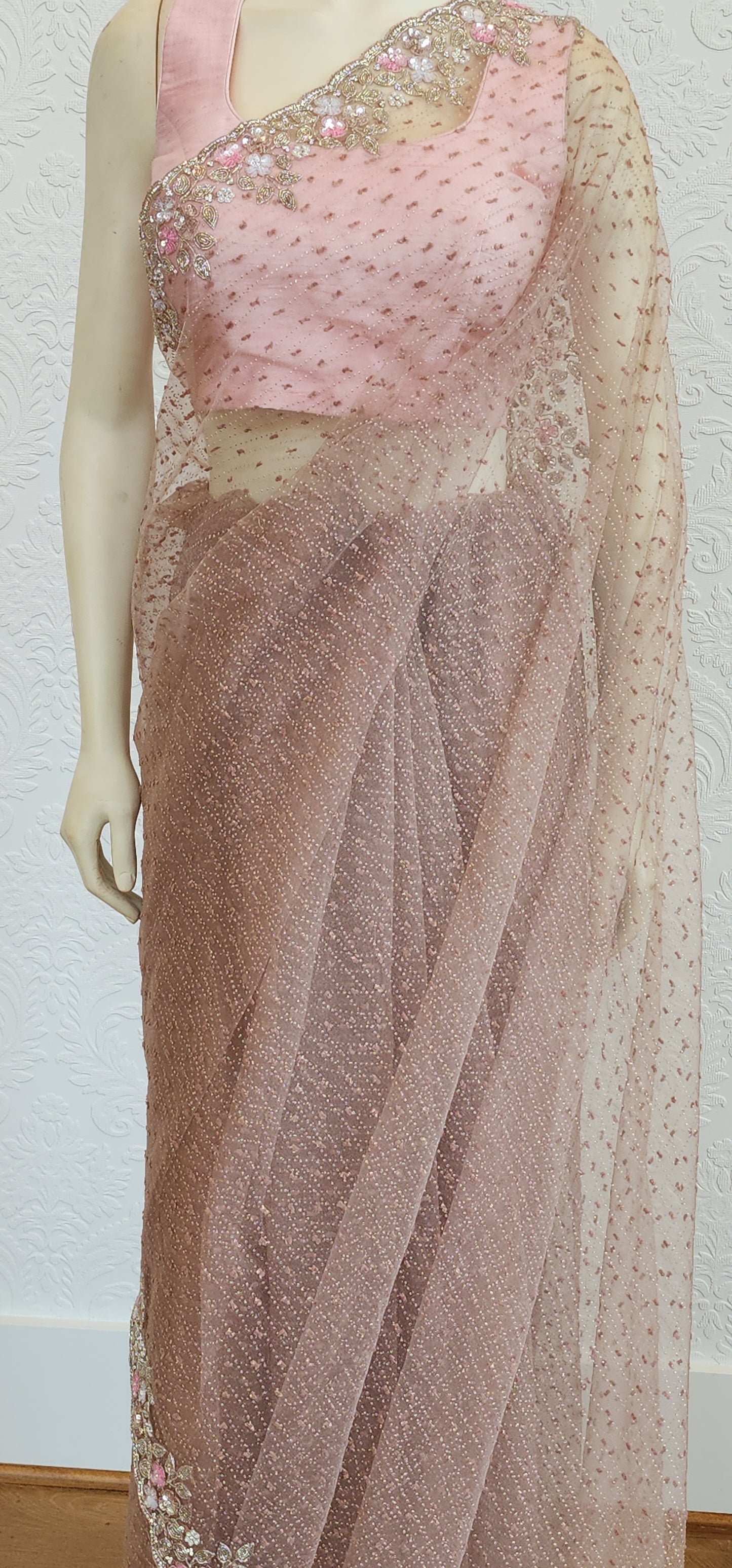 Hand Embroidered Organza Saree in Brown W/Custom Blouse.