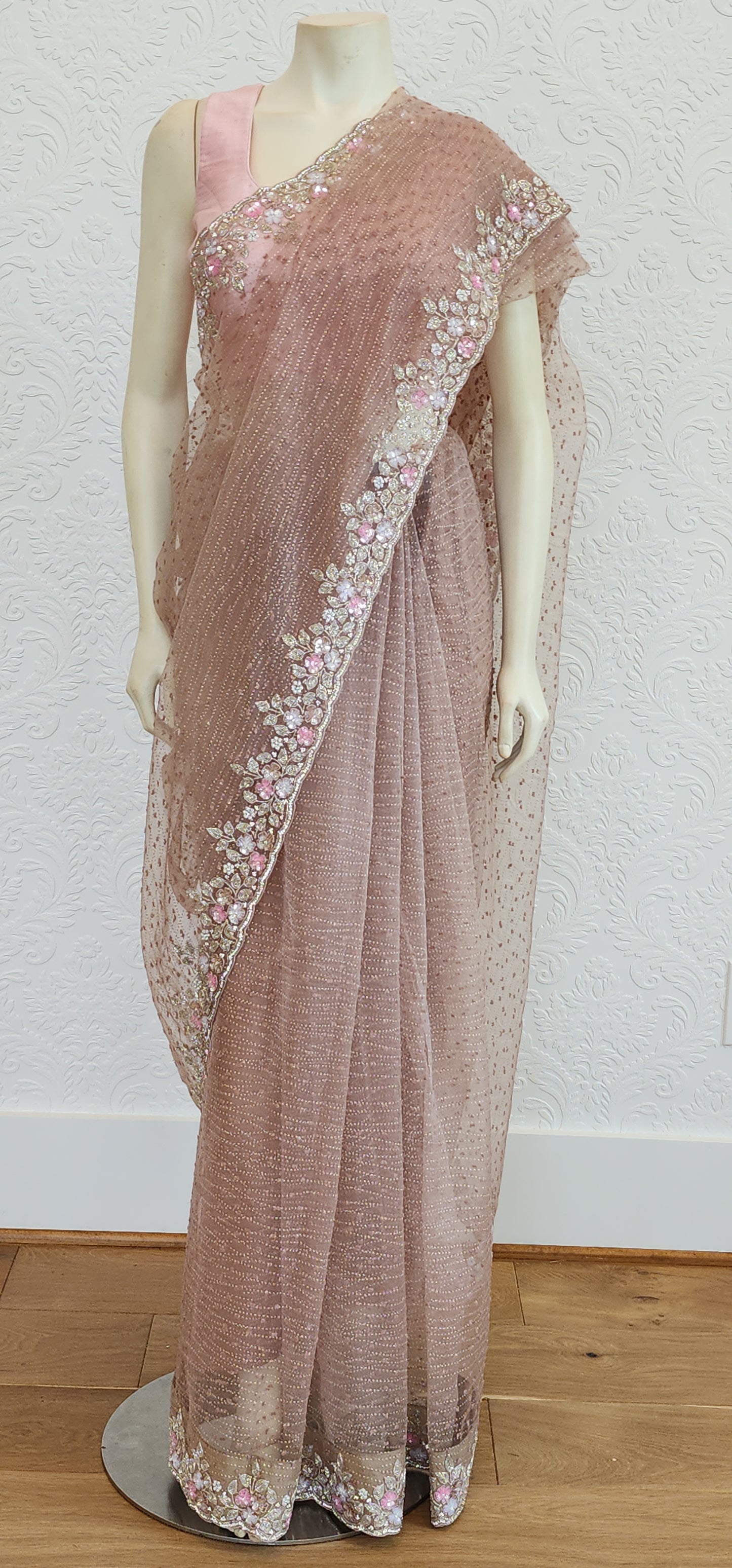 Hand Embroidered Organza Saree in Brown W/Custom Blouse.