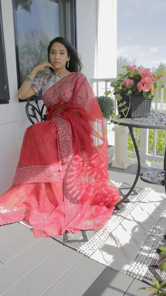 Red Organza Saree W/Custom Blouse.