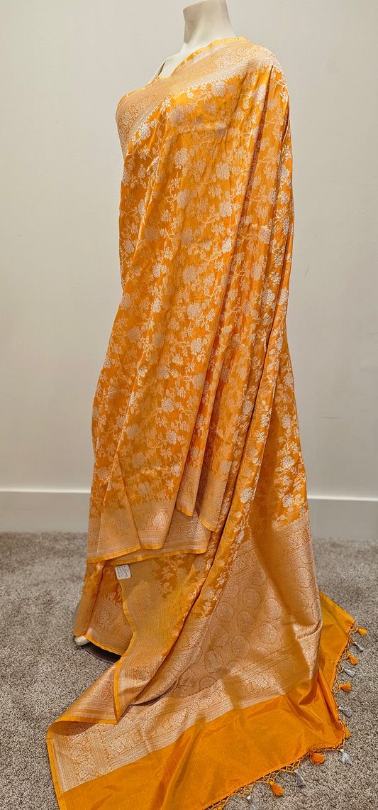 Katan Banaras Silver Zari Saree in Yellow W/Blouse.