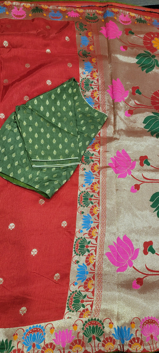 Munga Silk Red Saree with Green Contrast Blouse