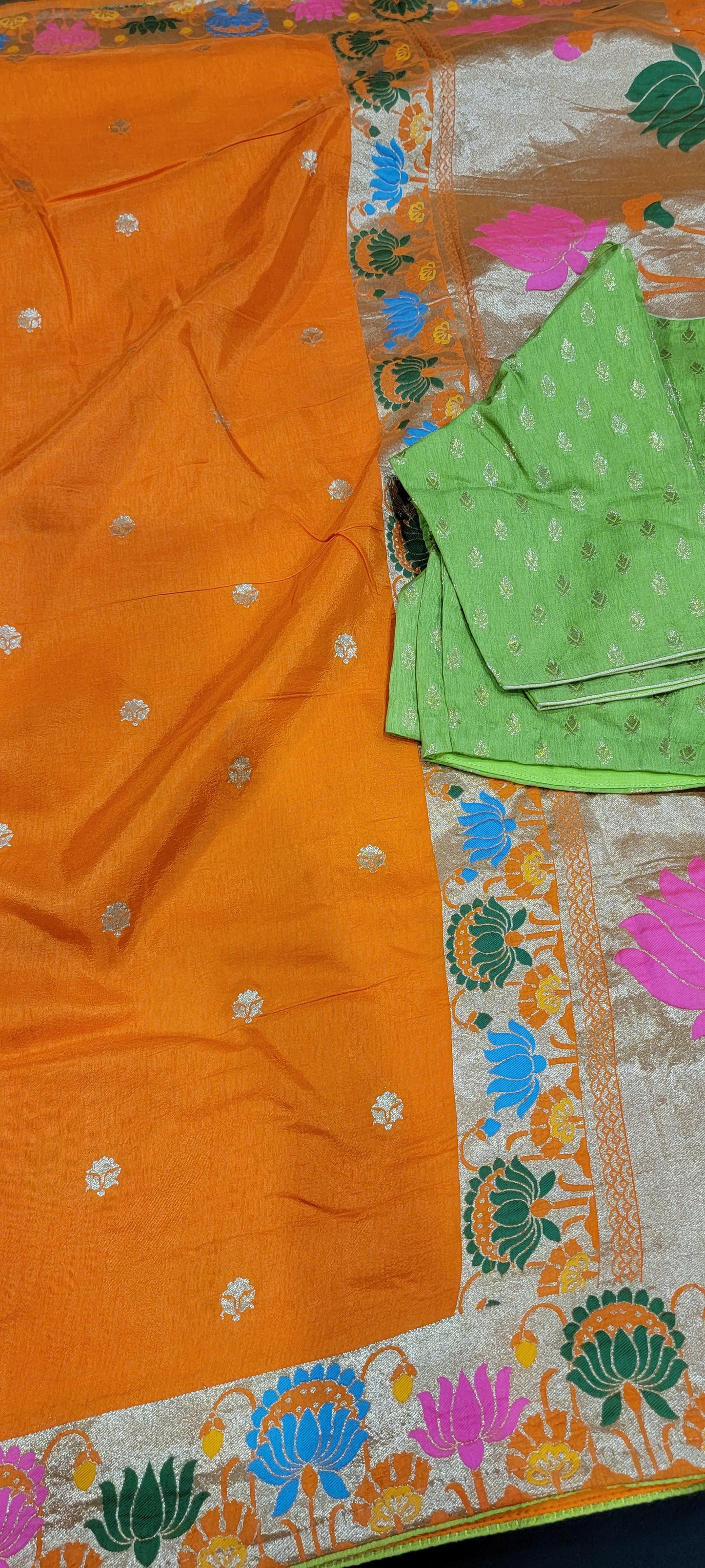 Traditional Munga Silk Saree in Orange with Green Contrast Blouse