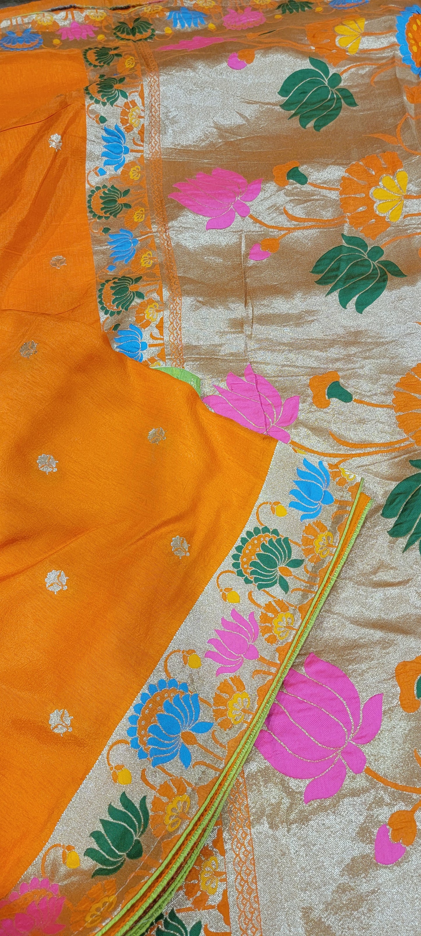 Traditional Munga Silk Saree in Orange with Green Contrast Blouse
