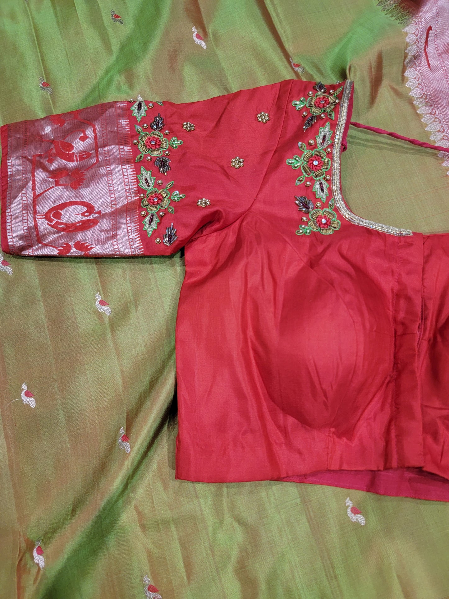 Pure Kanchi Pattu Silk Saree w/ Work Blouse in Green and Red