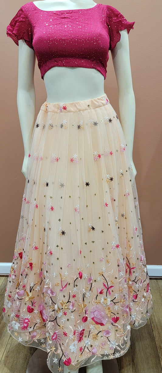 Embroidered Net Lehenga Set in Peach and Pink