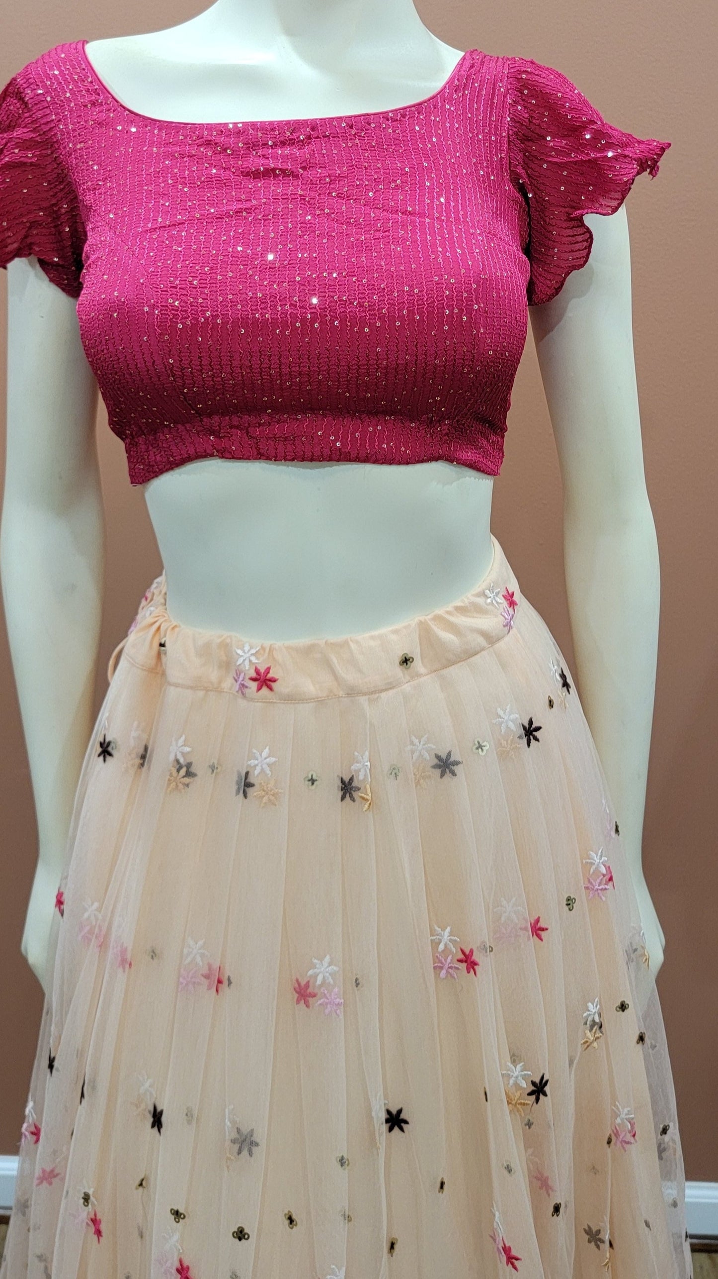 Embroidered Net Lehenga Set in Peach and Pink