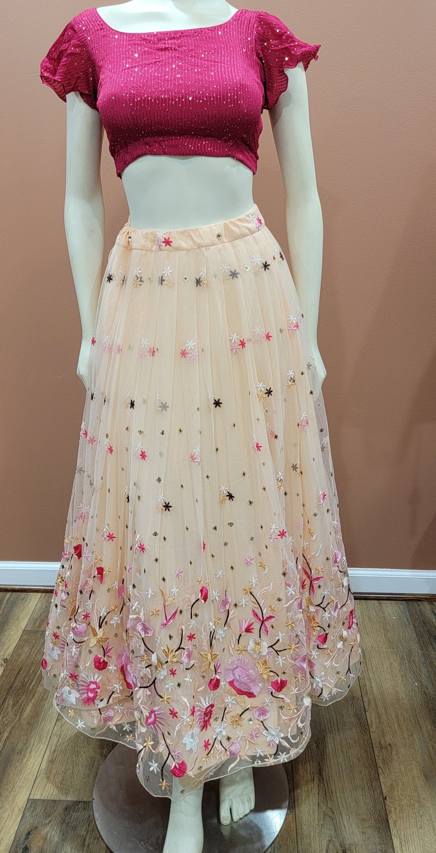 Embroidered Net Lehenga Set in Peach and Pink