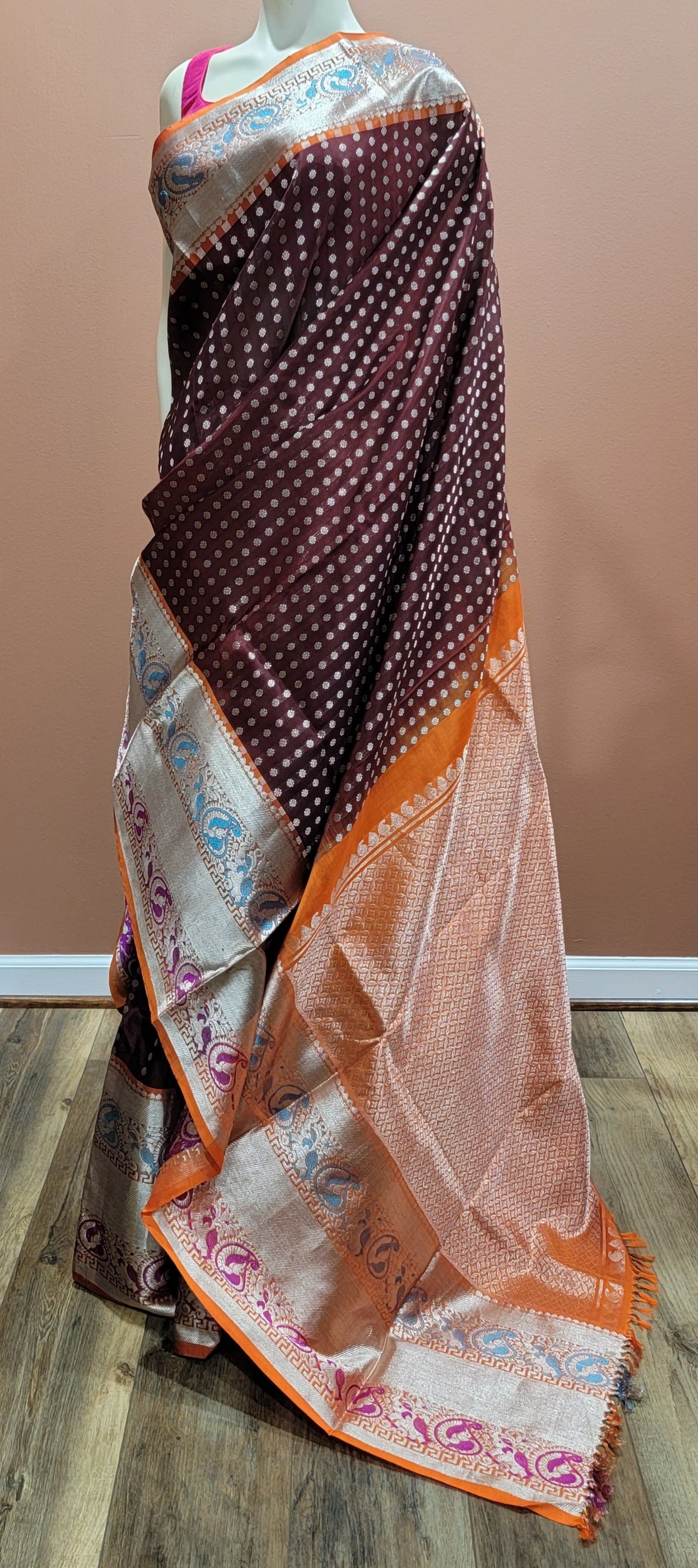Venkatagiri Silk Saree w/ Blouse in Brown and Orange